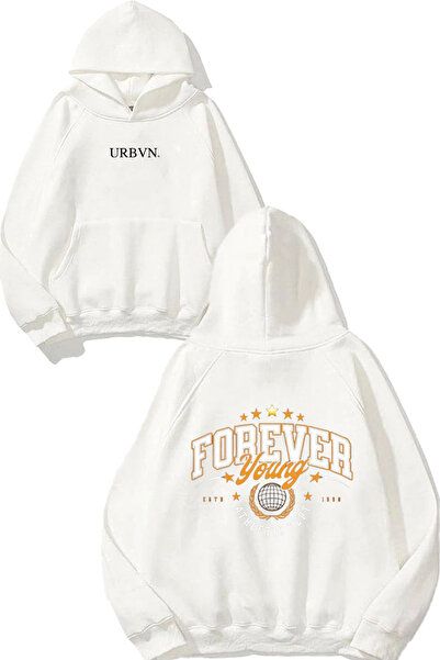 urbvn تصميم فوريفر يونغ مطبوع قصة فضفاضة سويت شيرت أبيض بغطاء رأس