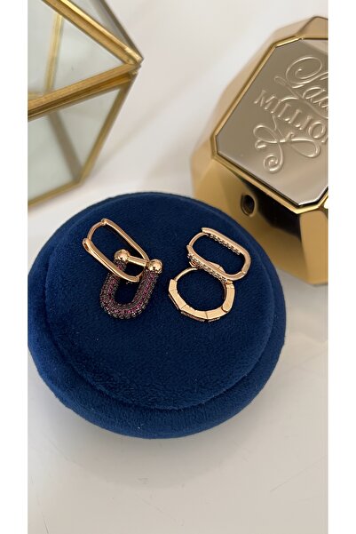 SU PERİSİ TAKI BİJUTERİ Gold Purple Zircon Stone Tffny Model Set of 3 Earrings