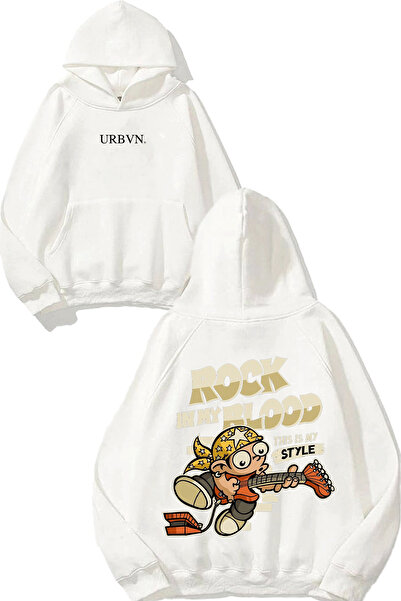 urbvn تصميم روك بلود مطبوع قصة فضفاضة سويت شيرت أبيض بغطاء رأس