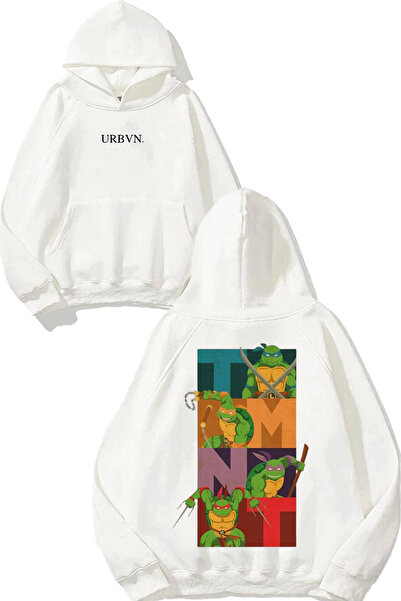 urbvn تصميم أوجه السلاحف النينجا مطبوع قصة فضفاضة سويت شيرت أبيض بغطاء رأس