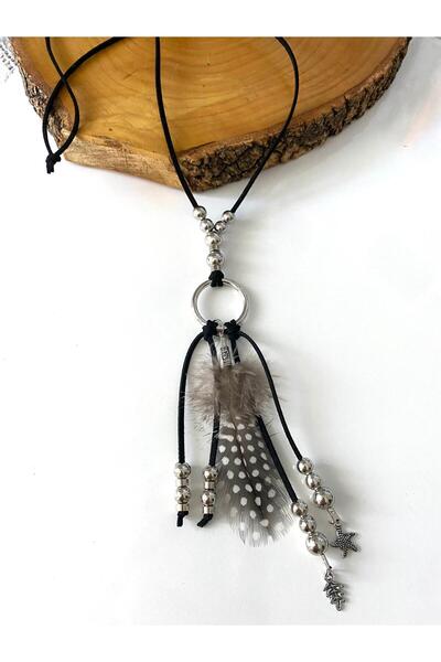 canan dizayn Bohemian Feathered Metal Ring Silver Beaded Dangle Style Necklace