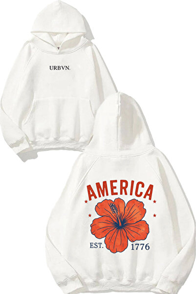 urbvn تصميم أمريكا فلاور مطبوع قصة فضفاضة سويت شيرت أبيض بغطاء رأس