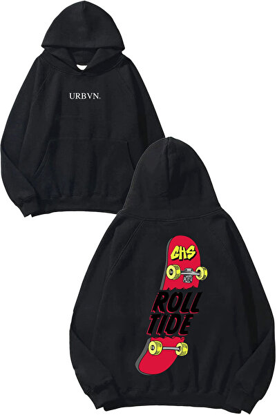 urbvn سويت شيرت رول تايد ديزاين مطبوع قصة فضفاضة أسود بغطاء رأس