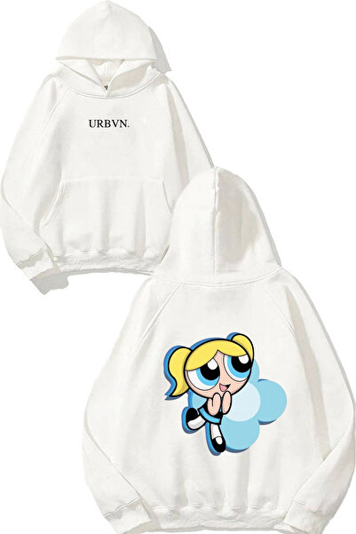 urbvn تصميم بلو بابل مطبوع قصة فضفاضة سويت شيرت أبيض بغطاء رأس