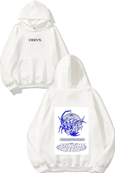 urbvn ستينغ فيل ديزاين مطبوع قصة فضفاضة سويت شيرت أبيض بغطاء رأس