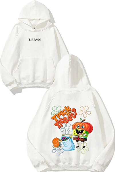 urbvn تيشيرت تريك أور تريت بتصميم الهالوين مطبوع قصة فضفاضة أبيض بغطاء رأس