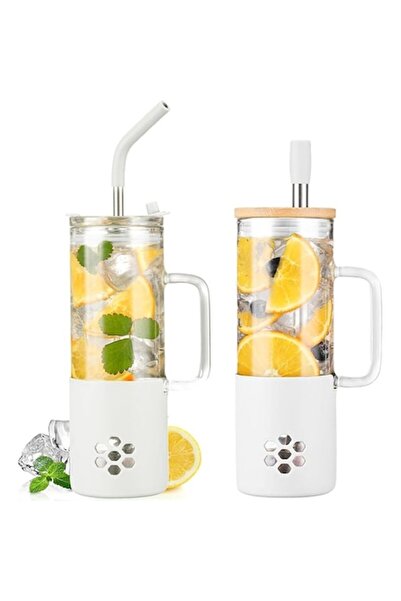 Pardofelis Cană de sticlă BLUEGO 600 ml cu 2 capace și mâner, albă