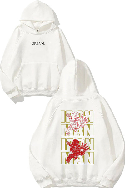 urbvn تصميم نصي لشخصية الرجل الحديدي مطبوع قصة فضفاضة سويت شيرت أبيض بغطاء رأس