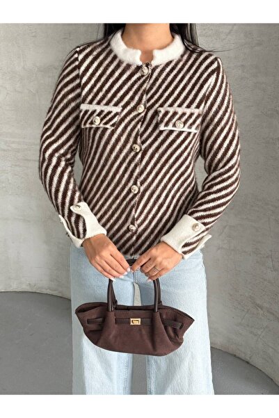 Azra Moda Style New Season White Striped Bearded Sleeve Button Detail Women's