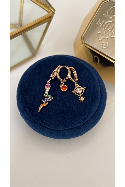 SU PERİSİ TAKI BİJUTERİ Gold Color Zircon Stone Snake and North Star 3 Piece Set Earrings