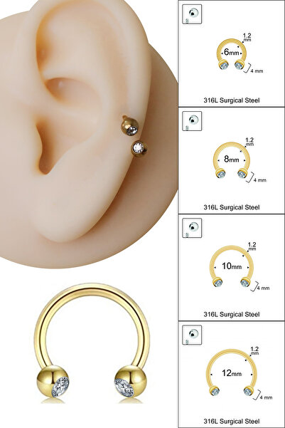 Cadının Dükkanı 4 mm Taşlı Gold Çelik Yarım Halka Piercing-Septum,Tragus,Dait...