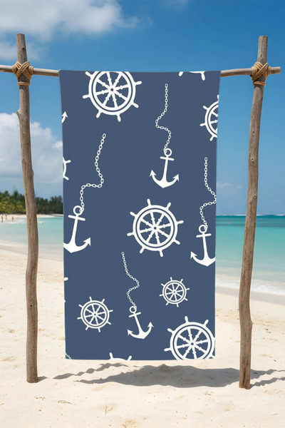 BETHA Dark Blue Anchor Patterned Cotton Beach Towel – Patterned Design – 75X150 cm