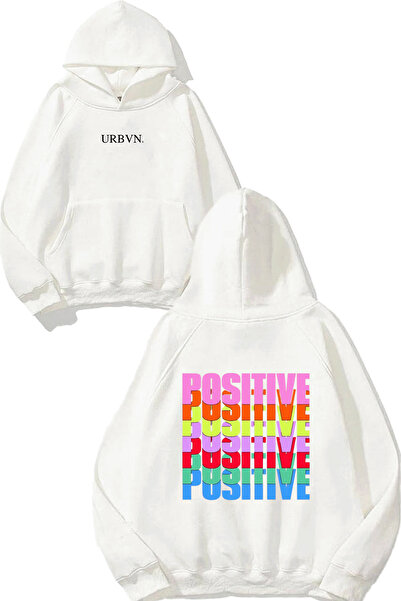 urbvn تصميم ملون إيجابي مطبوع قصة فضفاضة سويت شيرت أبيض بغطاء رأس