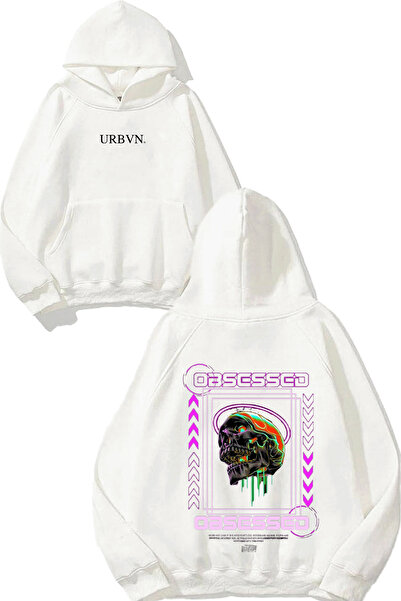 urbvn سترة بتصميم أوبسيسد بيربل مطبوع قصة فضفاضة باللون الأبيض بغطاء رأس