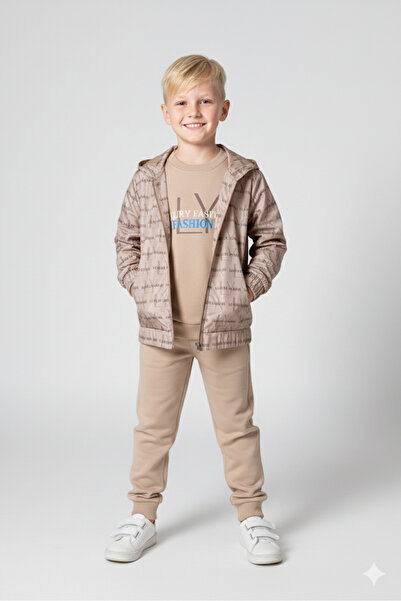 GİRL EMELY Boys' Printed 100% Cotton Combed 2-Ply and Raincoat Waterproof 3-Piece Set