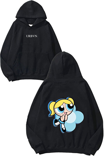 urbvn تصميم بلو بابل مطبوع قصة فضفاضة سويت شيرت أسود بغطاء رأس