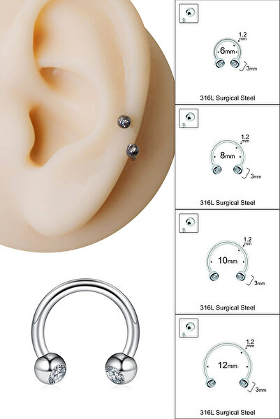 Cadının Dükkanı 3 mm Taşlı Çelik Yarım Halka Piercing-Septum,Tragus,Daith,Helix,Dudak,Smiley,Nose