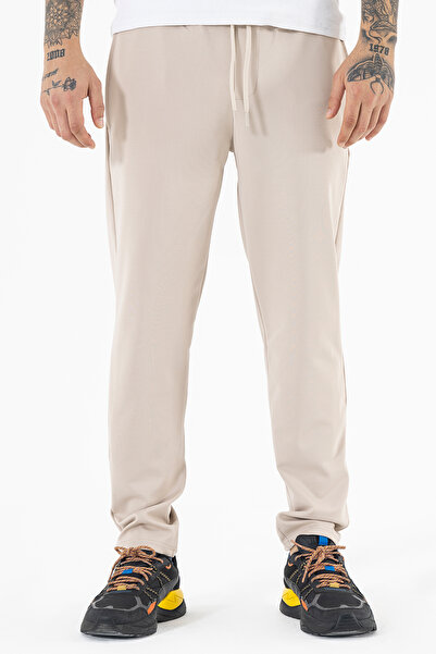 Souris Men's Cream Relaxed Fit Stretch Fabric Sports Pants Drawstring Waist Straight Leg