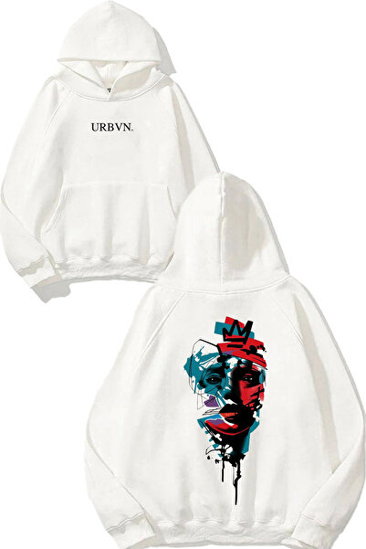 urbvn Women's Crown Design Printed Oversized White Hooded Sweatshirt