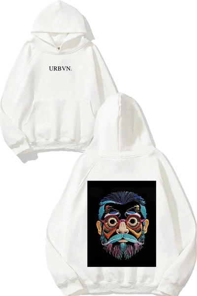 urbvn تصميم الرجل الذي يرتدي النظارات مطبوع قصة فضفاضة سويت شيرت أبيض بغطاء رأس