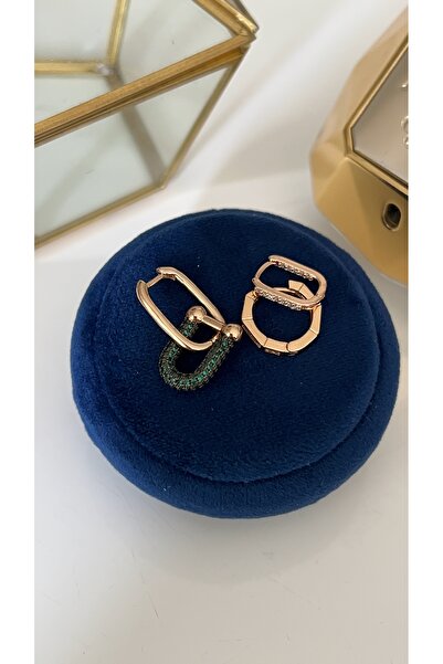SU PERİSİ TAKI BİJUTERİ Gold Green Zircon Stone Tffny Model Set of 3 Earrings