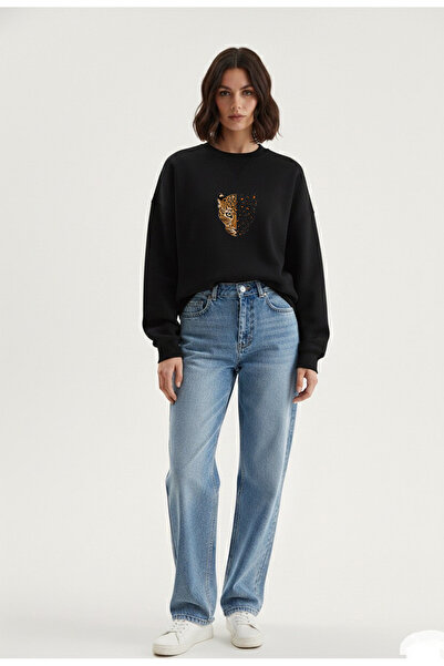 LORVEX Черна прекалено голяма блуза с велосипедна яка и малък леопардов принт