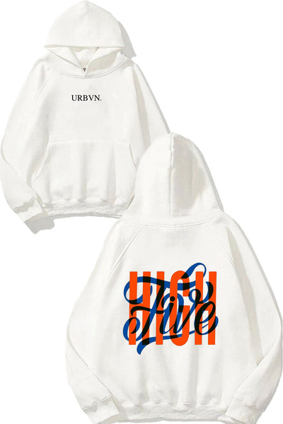 urbvn تصميم هاي فايف مطبوع قصة فضفاضة سويت شيرت أبيض بغطاء رأس