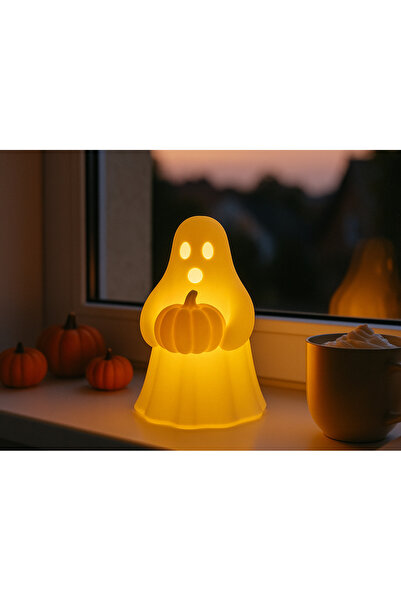 Atsutech Balkabağı Tutan Sevimli Hayalet Masa Lambası - 3D Baskı Dekoratif Gece Lambası (Pilli Mum Hediyeli)
