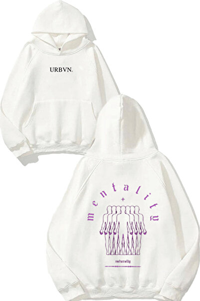 urbvn Mentality Self Design Printed Oversized White Hooded Sweatshirt