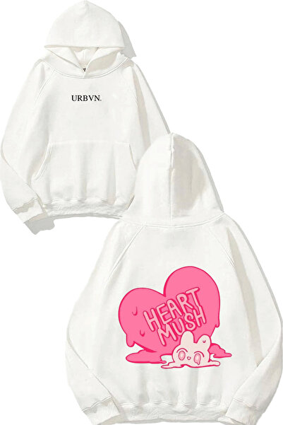 urbvn تصميم هارت موش مطبوع قصة فضفاضة سويت شيرت أبيض بغطاء رأس
