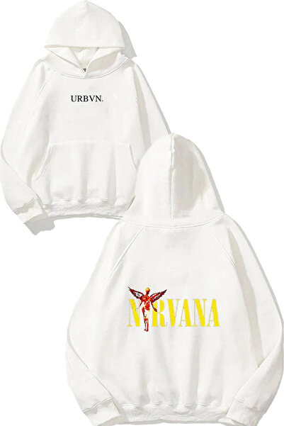 urbvn تصميم نيرفانا للخط مطبوع قصة فضفاضة سويت شيرت أبيض بغطاء رأس