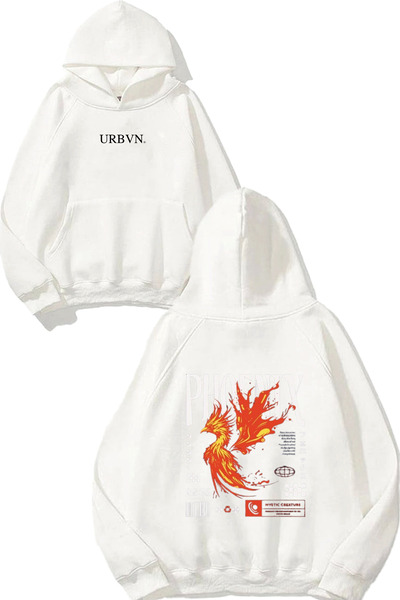 urbvn تصميم طائر الفينيق مطبوع قصة فضفاضة سويت شيرت أبيض بغطاء رأس