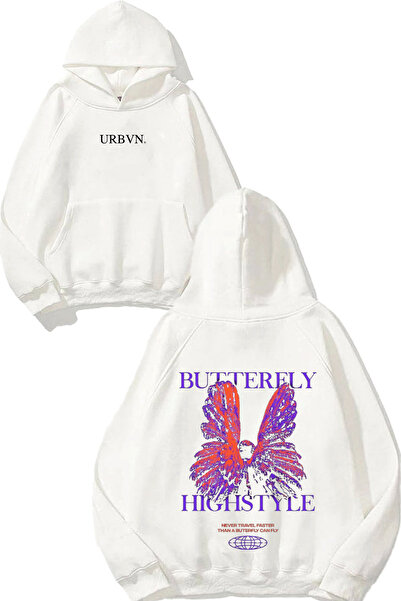 urbvn Highstyle Butterfly Design Printed Oversized White Hooded Sweatshirt