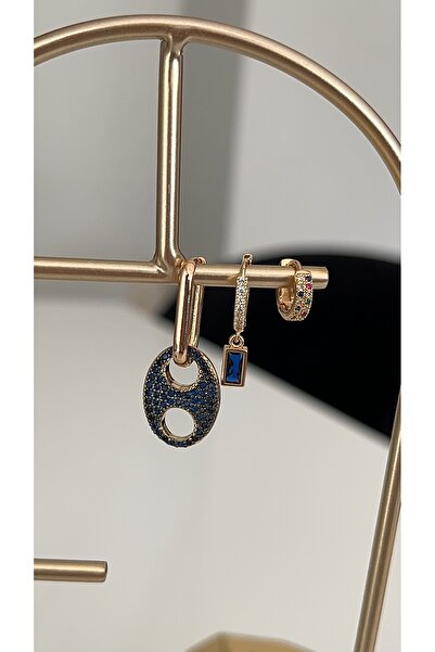 SU PERİSİ TAKI BİJUTERİ Gold Blue Zircon Stone Button Model Set of 3 Earrings
