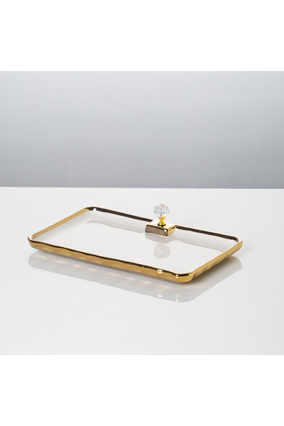 Malooki Porcelain serving platter with gold edges and decorative handle, 30.5×16 cm