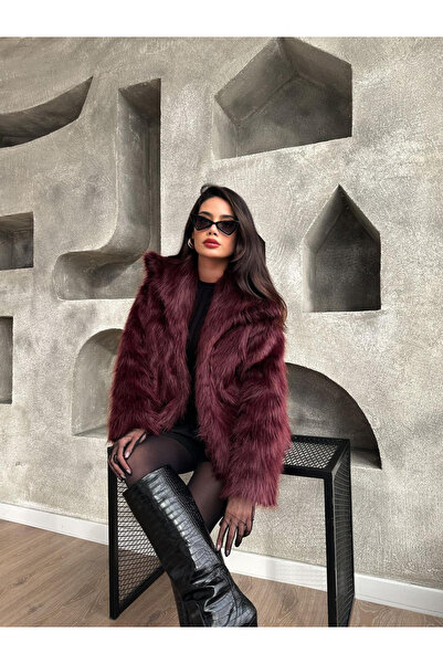 HARMONY GLOBAL Дамско палто с шалче, бордо, средна дължина, закопчаване с копчета, изкуствена кожа - меко, стилно и модерно палто 2429