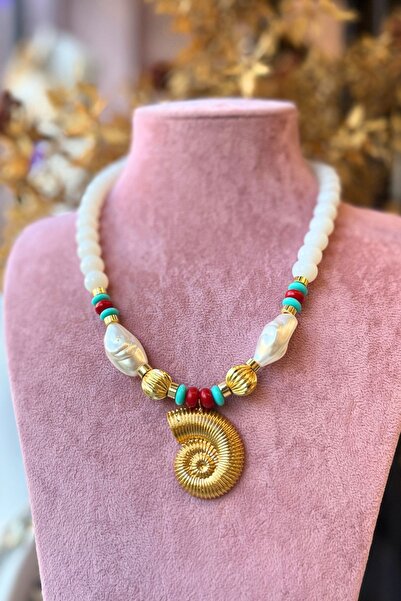 Meva Takı ve Aksesuar White & Pearl Detailed Spiral Necklace I Mev'Armoni Collection