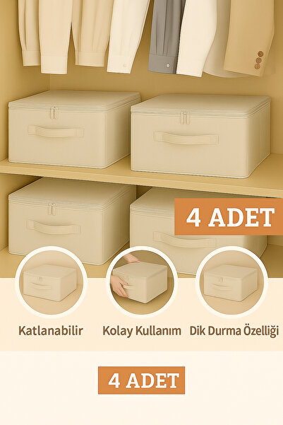 Spartek home textile 4 lü KREM Destekli Hurç Büyük Boy – Fermuarlı Katlanabilir Saklama ve Düzenleme Kutusu 42x35x23cm