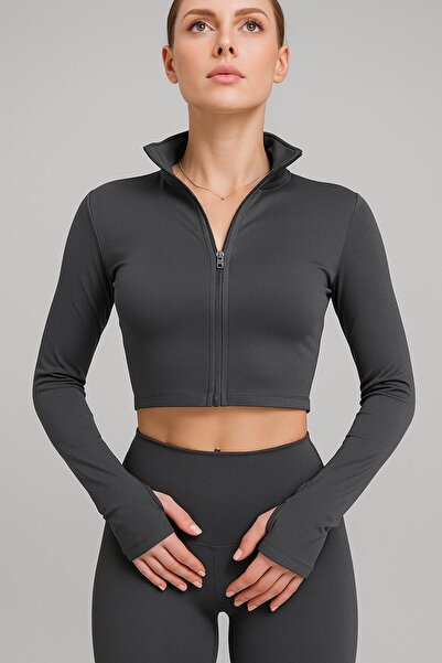 nudeo Fermuarlı Parmak Geçmeli Crop Sweat (thumbholes)
