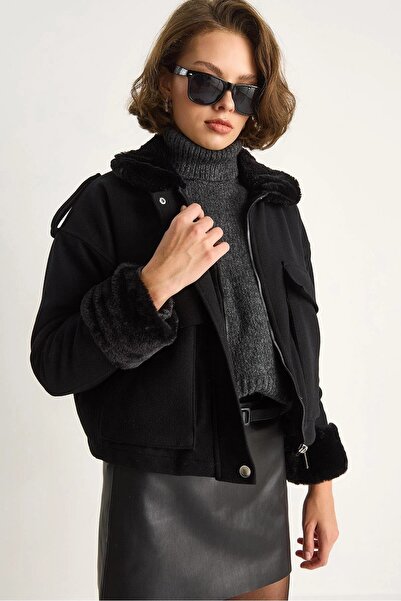 HARMONY GLOBAL Women's Black Collar and Sleeve Plush Detailed Bell-Bottom Pocket Cashmere Coat - Zippered, Stylish Winter Jacket 2751