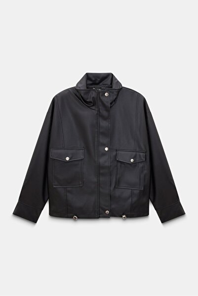 Saade Women's Relax Fit Faux Leather Bomber Jacket with Mock Neck Snap Closures and Zipper Pockets - Adjustable Waist