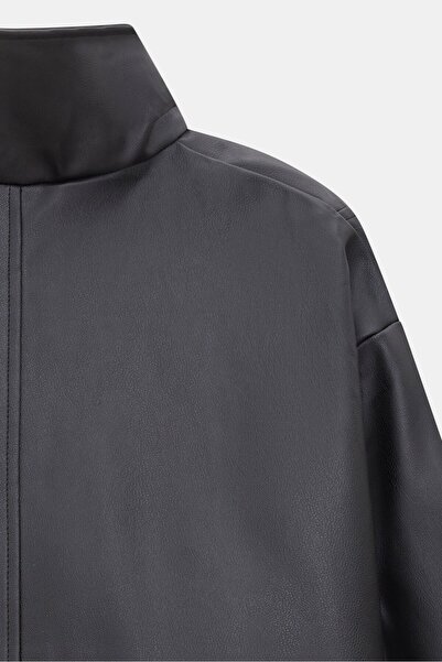 Saade Women's Relax Fit Faux Leather Bomber Jacket with Mock Neck Snap Closures and Zipper Pockets - Adjustable Waist