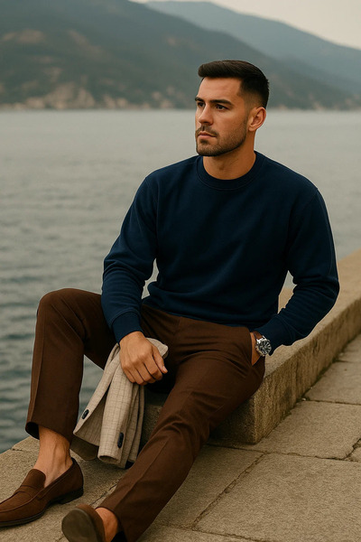 COMBİNE MİCHAİL Мъжки велосипеден пуловер с широка яка в тъмносин цвят