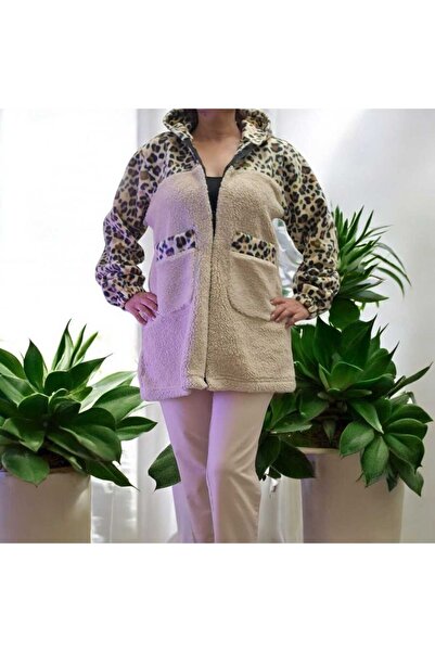 Fua Shop Γυναικείο μακρύ παλτό με λεοπάρ λεπτομέρειες από αρνίσιο φλις