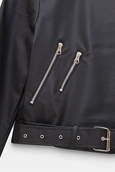 Saade Women's Relax Fit Shirt Collar Belted Pocket Faux Leather Biker Crop Jacket - Zipper Detail