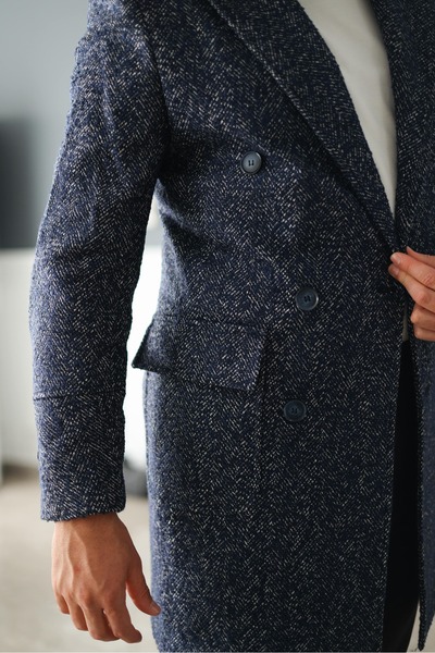 Avni Ceylan Classic Slim Fit Men's Cashmere Coat Navy Blue