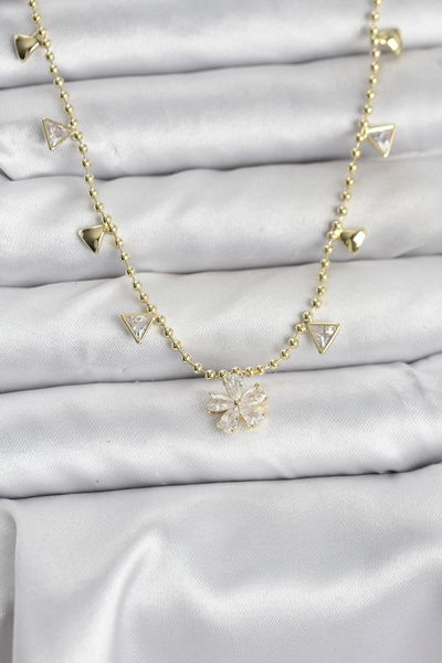 Clariss Brass Gold Color Zircon Stone Flower Model Women's Necklace