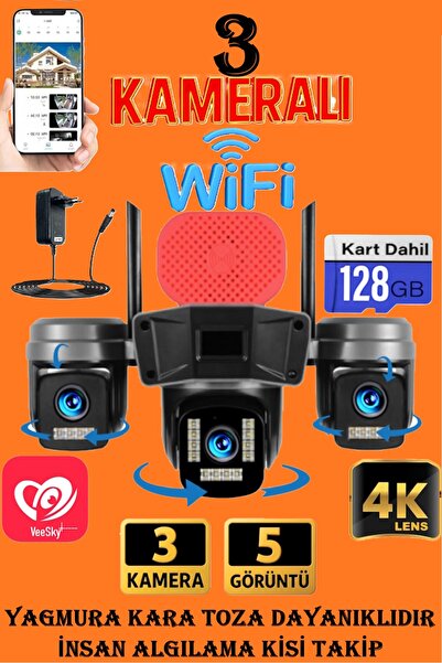 TRCharger 3 Kameralı 6MP 4K UltraHD WiFi PTZ 5 Görüntü | İnsan Algılama Renkl...