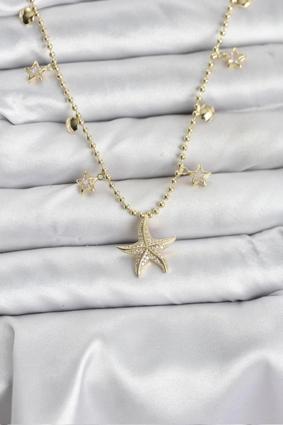 Clariss Brass Gold Color Zircon Stone Starfish Model Women's Necklace