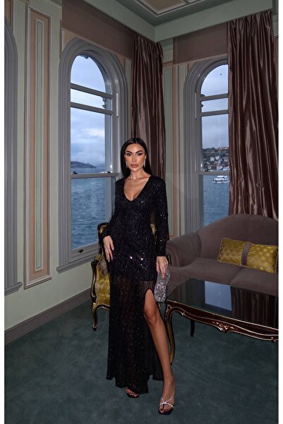 Julidress Black V-Neck Lined Slit Maxi Long Length Premium Sequined Dress